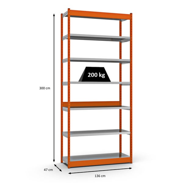 PROREGAL Fachbodenregal Stecksystem Vierkant-Profil Grundregal HxBxT 300 x 132,5 x 40 cm 7 Ebenen Einseitige Bauart Fachlast 200 kg Orange