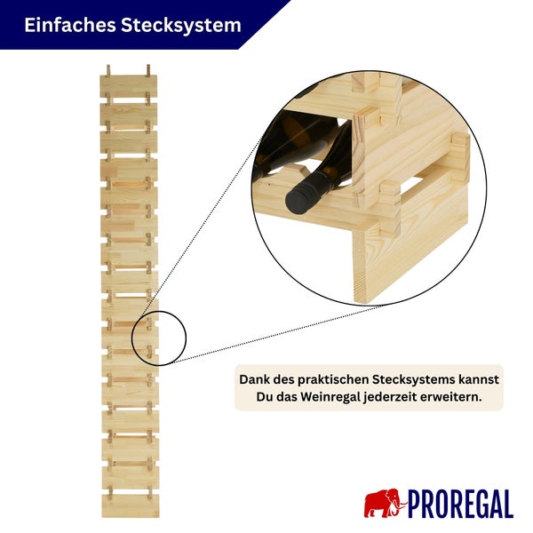 Proregal Weinregal aus Holz mit einfachem Stecksystem, Detailansicht der Steckverbindung mit Weinflaschen.