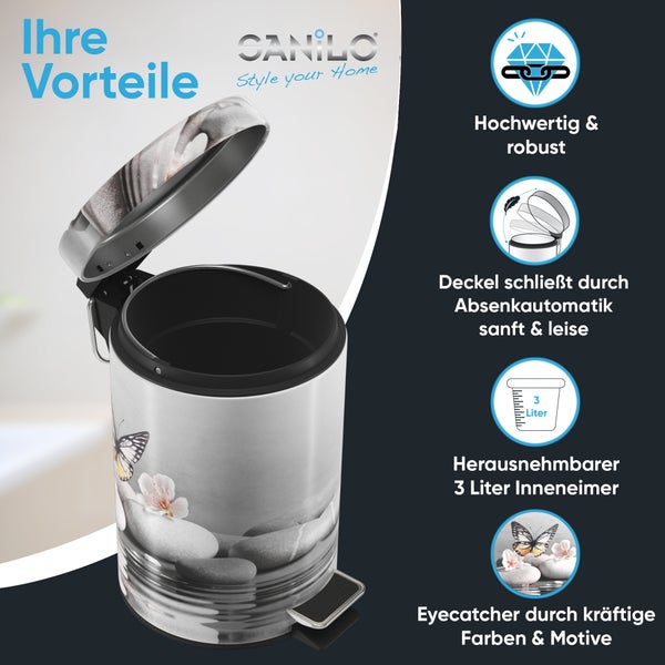 Treteimer mit Motiv aus Steinen und Schmetterlingen, Fassungsvermögen drei Liter