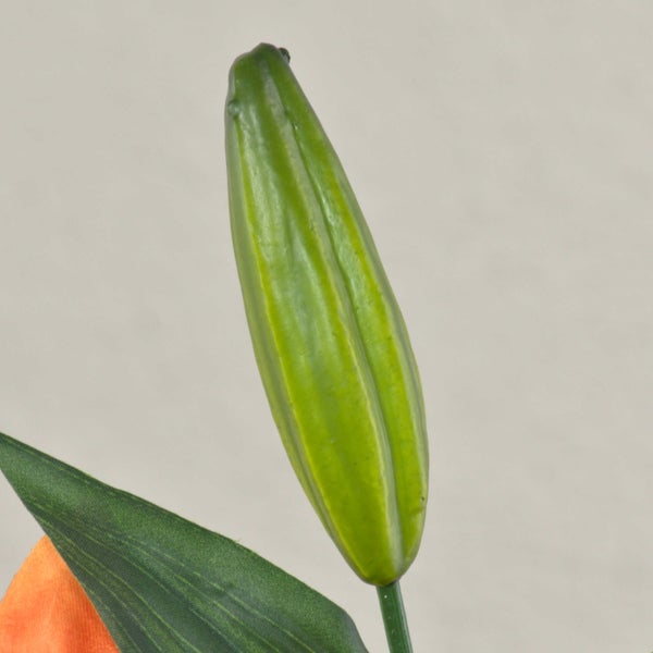 Nahaufnahme einer grünen Knospe einer künstlichen Lilie mit einem grünen Blatt.
