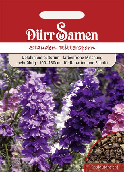 Dürr Samen Saatgutpackung Stauden-Rittersporn Delphinium cultorum, farbenfrohe Mischung, mehrjährig, Wuchshöhe 100 bis 150 Zentimeter.