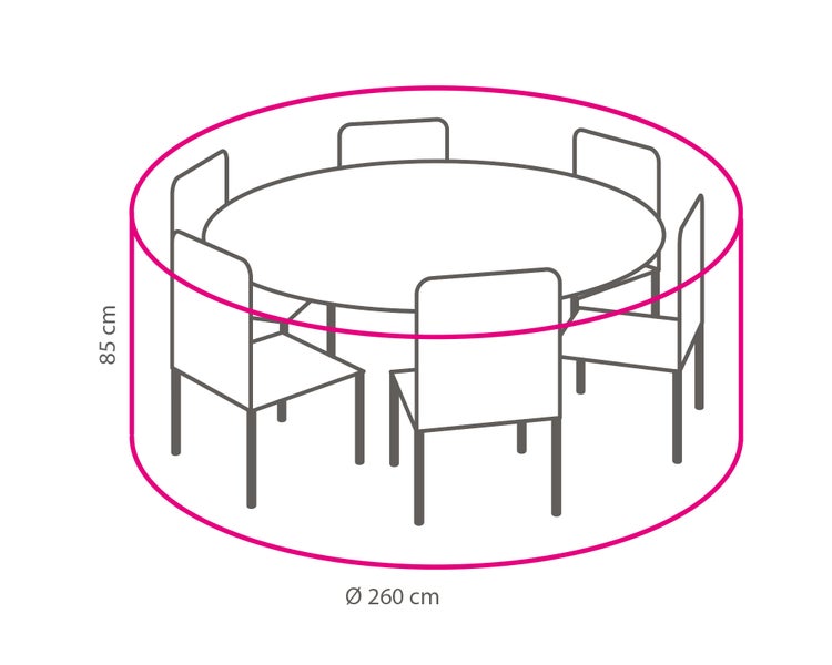 Illustration eines runden Tisches mit sechs Stühlen, Durchmesser 260 cm, Höhe 85 cm