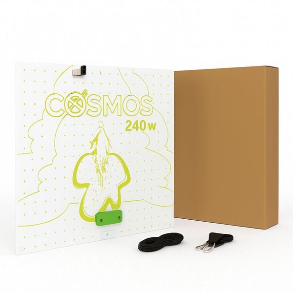 LED Grow Lampe Cosmos 240 Watt mit Kartonverpackung und Befestigungszubehör.