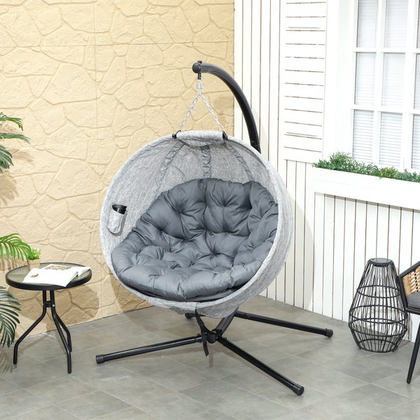 Outsunny Eiförmiger Hängesessel mit Gestell, faltbar Hängeschaukel mit Becherhalter, abnehmbar waschbar Sitz, Gestell, Hängematte, Schaukelsessel für Außenbereich Terrasse, Garten, Grau