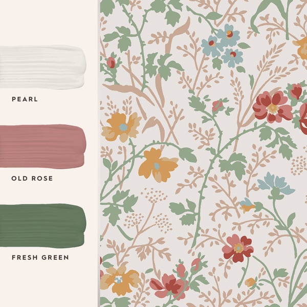 Tapete mit floralem Blumenmuster und Farbpalette mit Perlweiß Altrosa und Frisches Grün als Farbbeispiele