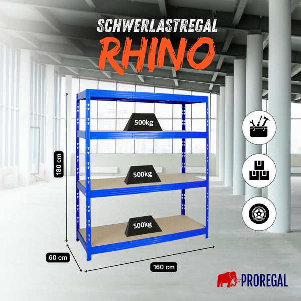 Schwerlastregal Rhino von Proregal, 180 Zentimeter hoch, 160 Zentimeter breit, 500 Kilogramm Tragkraft pro Boden, geeignet für Werkzeuge und Reifen.
