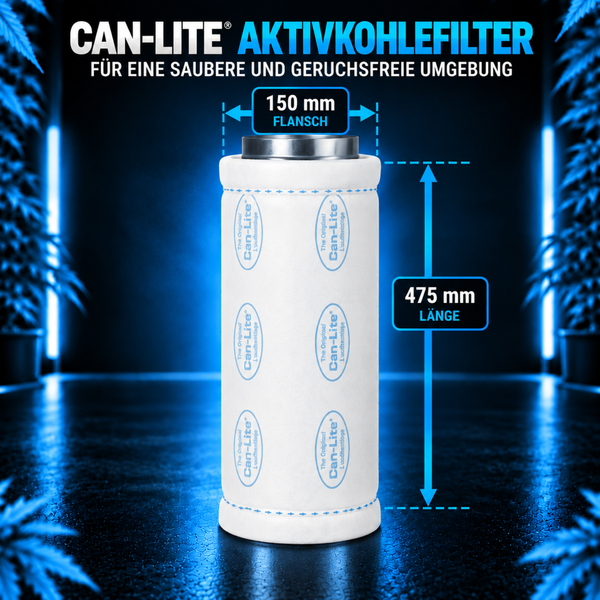 Can Lite Aktivkohlefilter mit 150 Millimeter Flanschdurchmesser und 475 Millimeter Länge für eine geruchsfreie Umgebung.