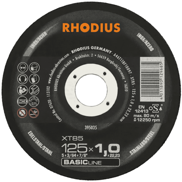 RHODIUS Trennscheibe XT85, 50 Stück, 125 x 1,0 x 22,23 mm für Edelstahl, Stahl, Metall, BASICline