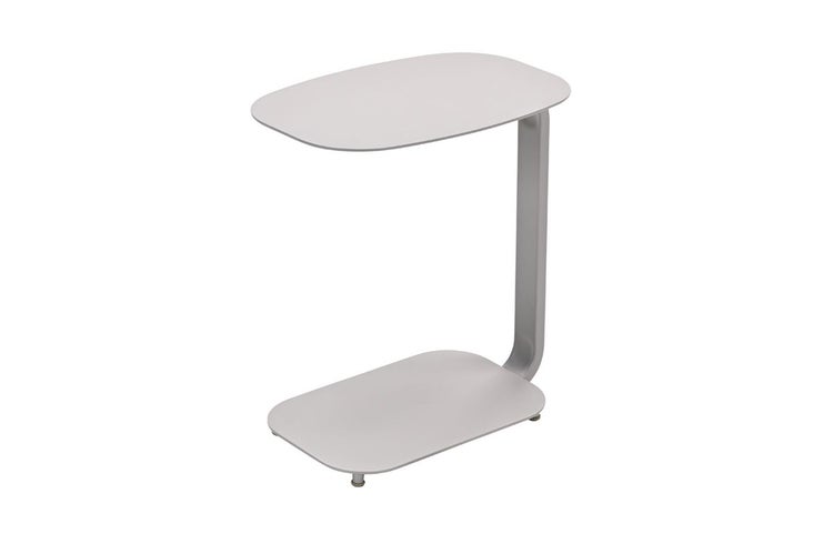 Laptoptisch in C-Form aus Metall mit ovaler Tischplatte und flachem Standfuß.