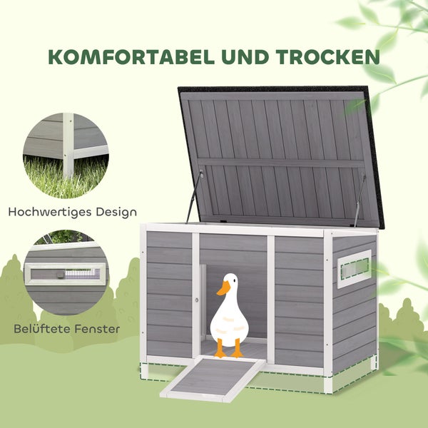 Kleintierstall aus Holz für Enten mit aufklappbarem Dach, Rampe und Belüftungsfenstern.