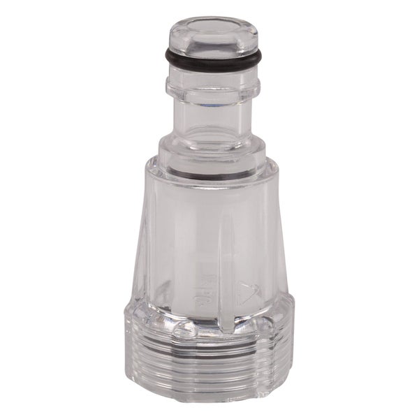 Transparenter Wasserfilter für Hochdruckreiniger aus Kunststoff mit Dichtungsring.