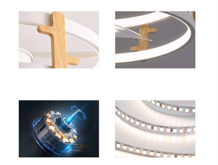 Detailansichten einer Leuchte mit Holzdetails, LED-Streifen und Motor