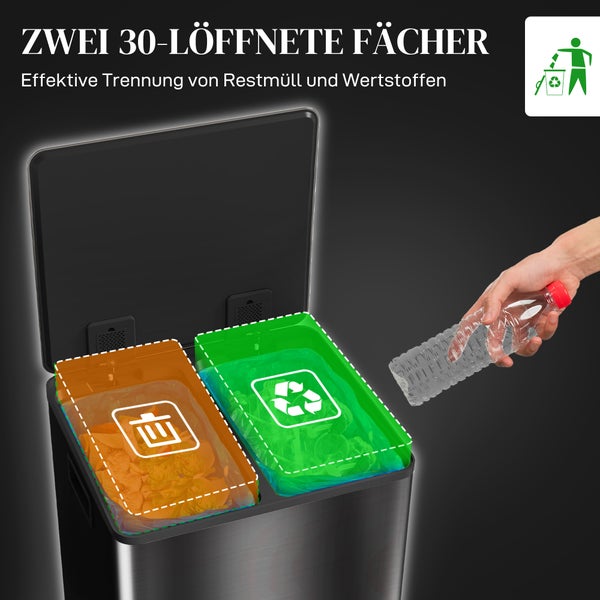 Mülltrennstation mit zwei 30-Liter-Fächern zur effektiven Trennung von Restmüll und Wertstoffen.