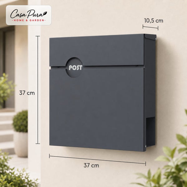 Wandbriefkasten Casa Pura mit Zeitungsfach, Maße 37 mal 37 mal 10,5 Zentimeter, mit Post Aufschrift.
