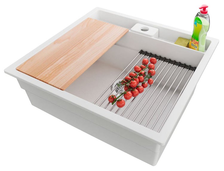 Spüle mit Schneidebrett, Abtropfgitter, Spülmittel und Schwamm