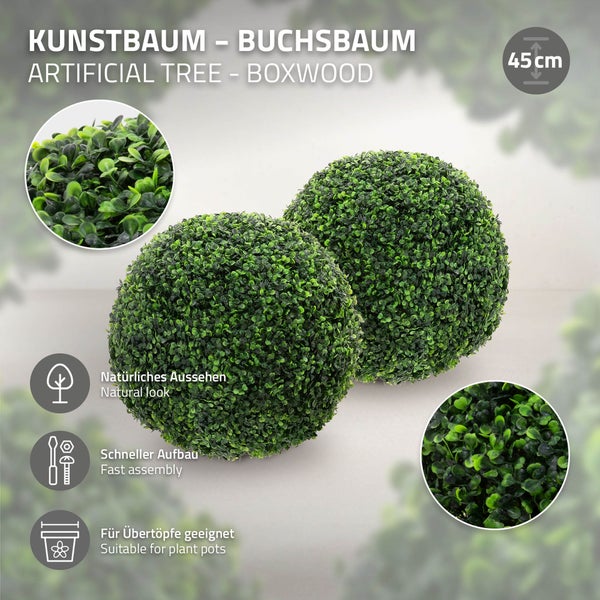 Zwei künstliche Buchsbäume mit einem Durchmesser von 45 Zentimetern.