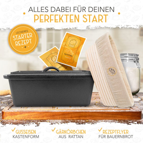 KRUSTENZAUBER Brotbackform mit Deckel inkl. Gärkorb - Robuste 28cm Backform aus Gusseisen - Ideal als Kastenform, Toastbrot Backform, Brotform, Gusseisen Topf Brot backen Zubehör, Brottopf