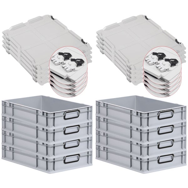 PROREGAL SuperSparSet 8x Eurobox NextGen Color mit Scharnierdeckel und Schiebeschnappverschlüssen, HxBxT 12x40x60cm, 23 Liter, Grau, Griffe schwarz geschlossen, Eurobehälter, Transportbox, Transportbehälter, Stapelbehälter