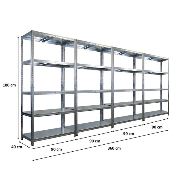 Metallregal mit fünf Regalböden und den Maßen 180 cm Höhe, 40 cm Tiefe und 360 cm Breite
