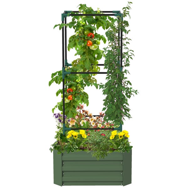 Outsunny Hochbeet mit Rankhilfe, Blumenkasten mit Offenem Boden, Gemüsebeet, Pflanzkasten, Kräuterbeet für Garten, Balkon, Verzinkter Stahl, Grün, 61 x 61 x 140 cm