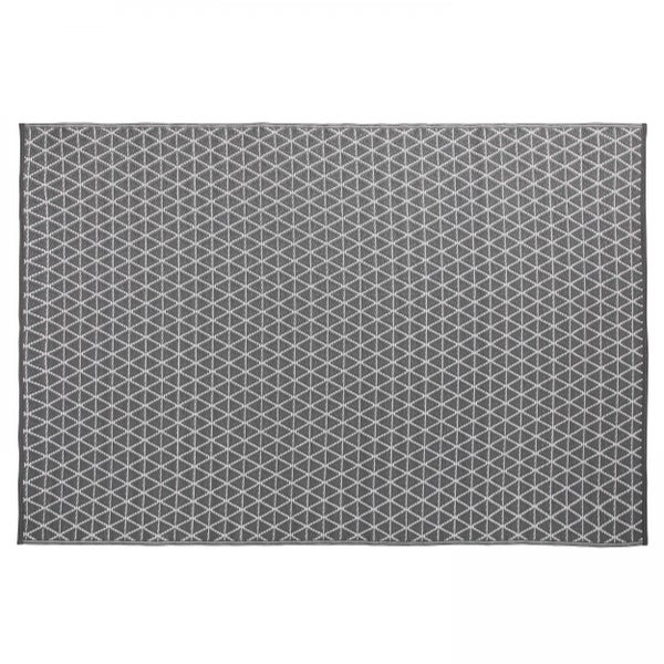 Rechteckiger grauer Outdoor-Teppich mit weißem geometrischem Rautenmuster