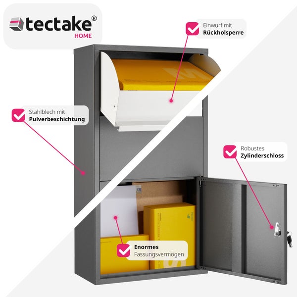 Paketbox tectake Fortress Paketmaße bis 39 x 30 x 12 cm mit integrierter Rückholsperre anthrazit