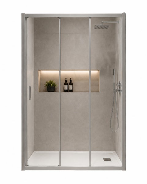 Moderne Dusche mit Schiebetür, integrierter beleuchteter Nische, Kopfbrause und Handbrause vor gefliesten Wänden in einem Badezimmer.