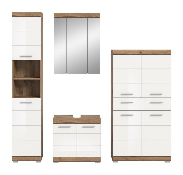 Mehrteiliges Badezimmermöbel-Set bestehend aus Hochschrank, Spiegelschrank, Waschbeckenunterschrank und Kommode in Weiß und Holzoptik.