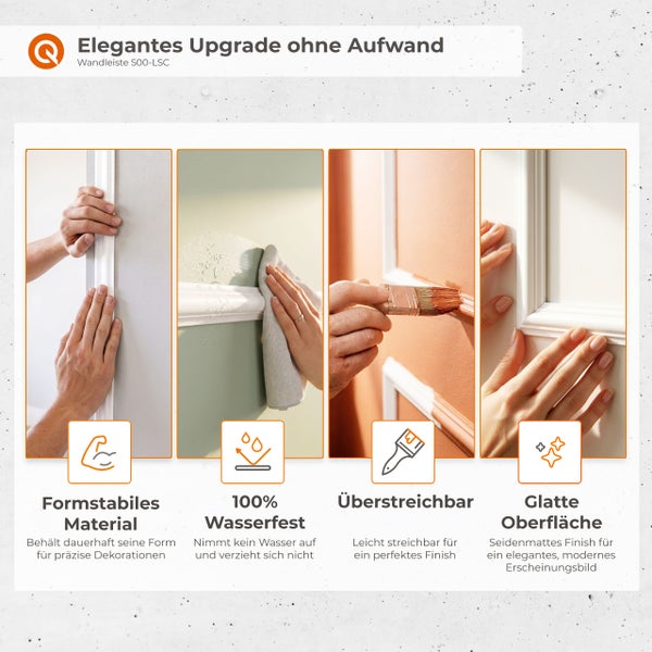 Infografik zur Wandleiste 500-LSC: Formstabil, wasserfest, überstreichbar und mit glatter Oberfläche für eine einfache Wandgestaltung.