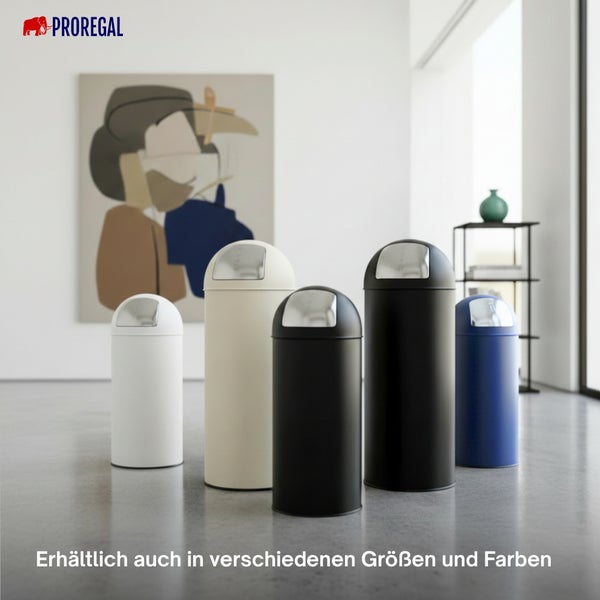 PROREGAL Logo. Moderne Abfalleimer aus Metall in verschiedenen Größen und Farben in einem hellen, minimalistischen Raum.