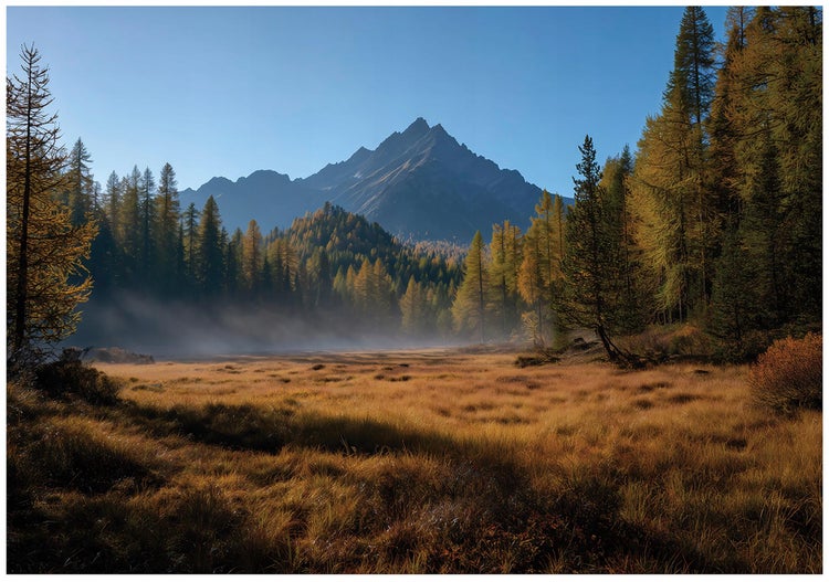 Landschaft mit Bergen, Bäumen und Wiese