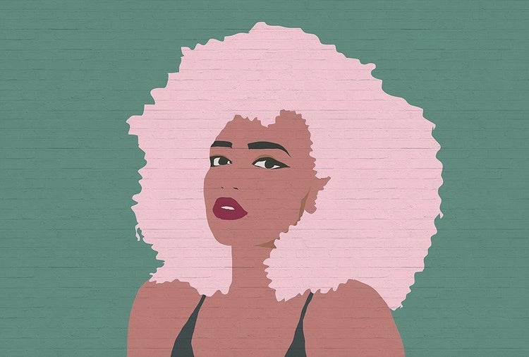 Stilisierte Illustration einer Frau mit voluminösem, lockigem Haar auf einem Hintergrund mit Backstein-Struktur.