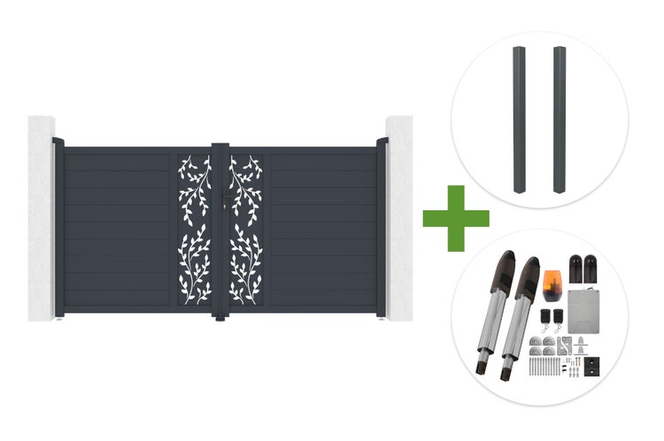 Doppelflügeltor mit floralem Design, zwei Torpfosten und einem elektrischen Torantriebsset mit Fernbedienungen und Warnleuchte.