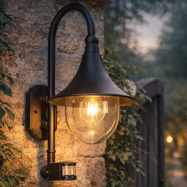 Schwarze Außenwandleuchte aus Metall im klassischen Design mit Bewegungsmelder und kugelförmigem Glas auf einer Steinwand.