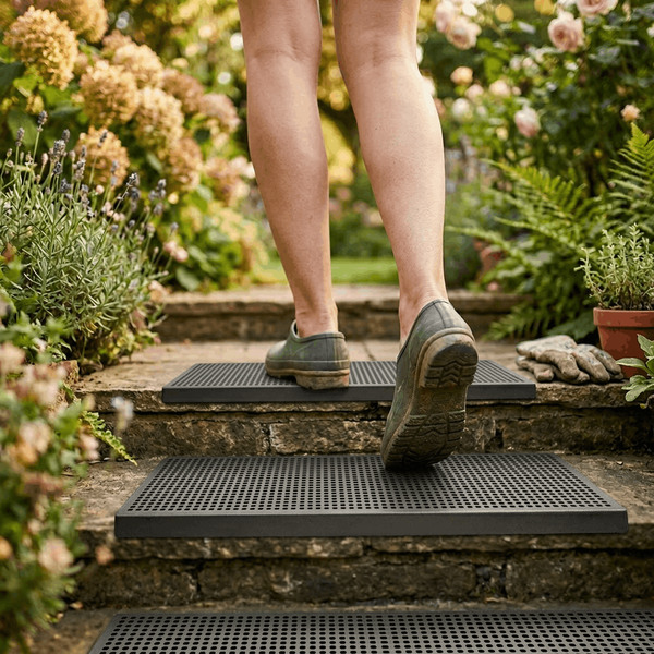 Person geht auf Steintreppen im Garten mit schwarzen, perforierten Anti-Rutsch-Stufenmatten aus Gummi, umgeben von Pflanzen und Blumen.