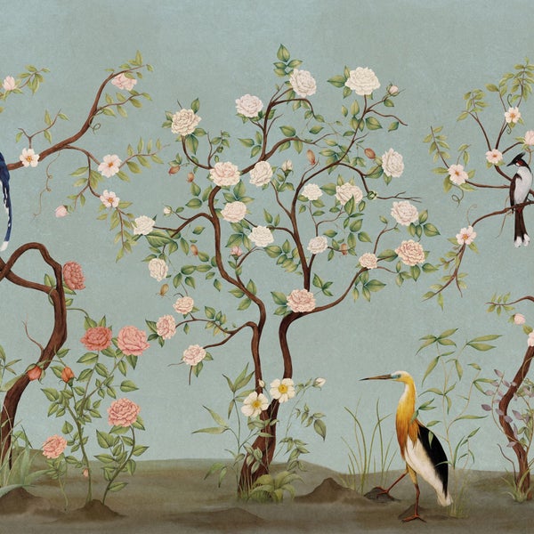 Tapete mit Baum-, Blumen- und Vogelmotiven