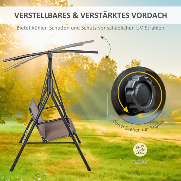 Outsunny Hollywoodschaukel, 2-Sitzer Outdoor Gartenschaukel, UV-beständig, winkeleinstellbar, 172L x 110B x 155H cm, Metallrohr, Braun