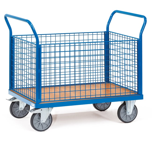 Blauer Gitterwagen mit Holzplatte und vier Rädern