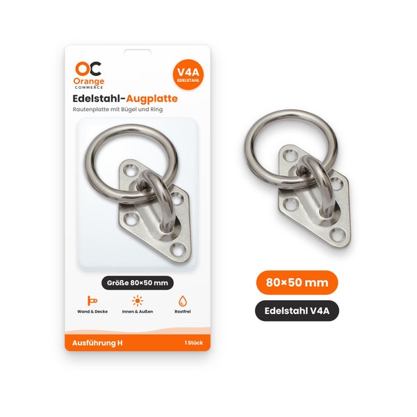 Orange Commerce Augplatte aus Edelstahl V4A, 80 mal 50 Millimeter, rautenförmige Platte mit Bügel und Ring für Wand- und Deckenmontage, rostfrei.