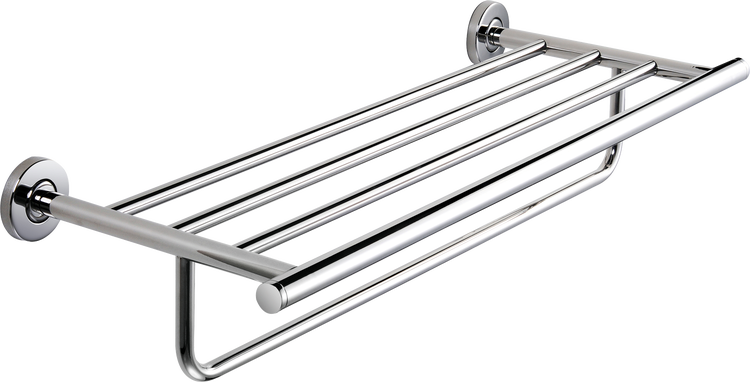 Wandmontierte Handtuchablage mit Handtuchstange aus verchromtem Metall für das Badezimmer.