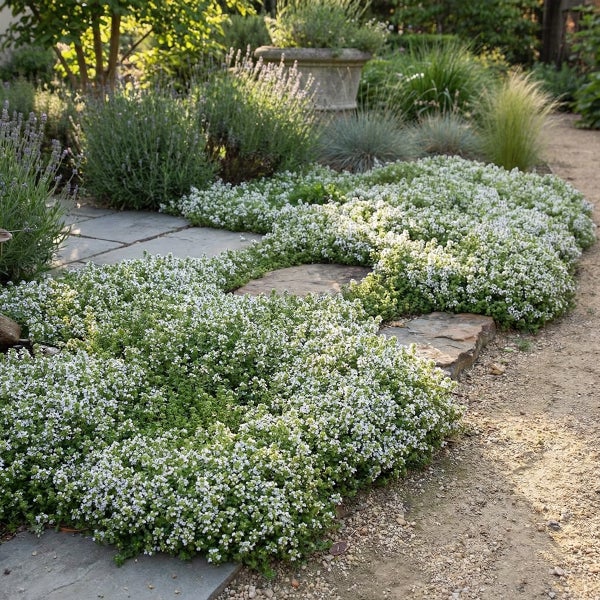 Bodendecker mit weißen Blüten zwischen Trittsteinen in einem sonnigen Garten.