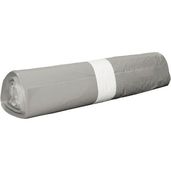 Eine Rolle graue Müllbeutel mit weißer Banderole.
