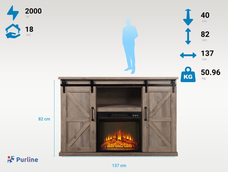 Purline Elektrokamin mit den Maßen Höhe 82 cm, Breite 137 cm, Tiefe 40 cm, Leistung 2000 Watt, geeignet für Räume bis 18 Quadratmeter, Gewicht 50,96 Kilogramm