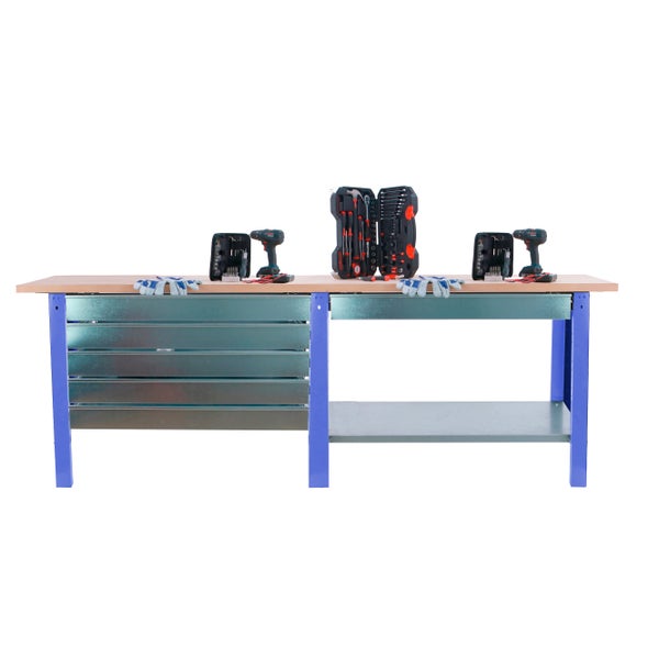 Werkbank BUFFALO WOOD mit 6x Schublade| HxBxT 86,5x210x75cm | Traglast 1000kg | Blau