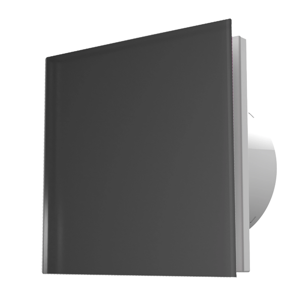 Quadratischer Badlüfter in Schwarz mit flacher Frontplatte und rückseitigem Anschlussstutzen.