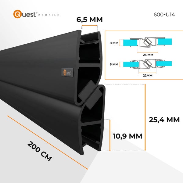 Schwarzes Dichtungsprofil Quest Profile 600-U14, Länge 200 Zentimeter, technische Maße in Millimeter. Quest Profile Logo.