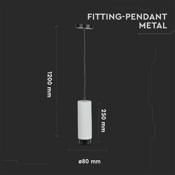 Metall-Pendelleuchte mit zylindrischem Schirm. Gesamthöhe 1200 Millimeter, Schirmhöhe 250 Millimeter und Durchmesser 80 Millimeter.