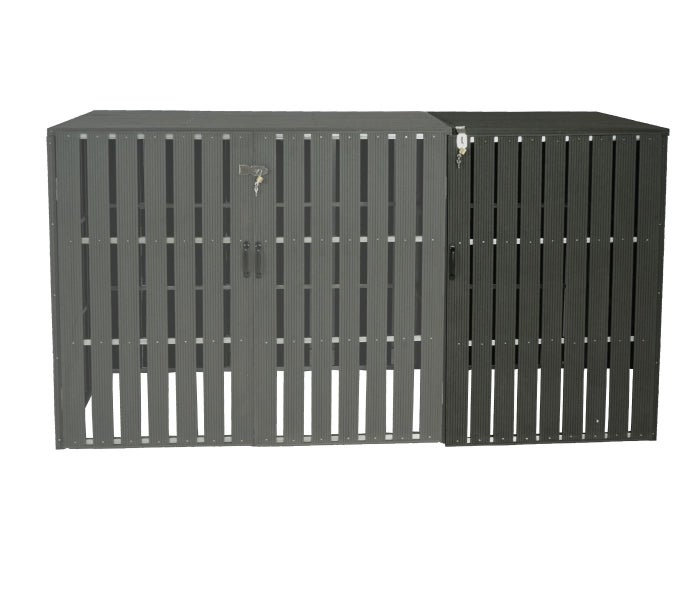 Graue Gerätebox mit zwei Türen und einem Schloss zur Aufbewahrung im Außenbereich