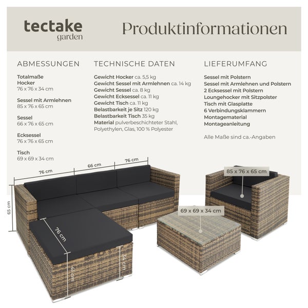 Informationen zu den Abmessungen, technischen Daten und dem Lieferumfang der Tectake Gartenlounge