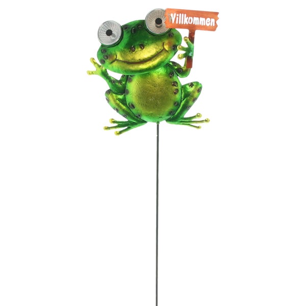 Gartenstecker Frosch aus Metall mit Willkommensschild und Solar-Augen.